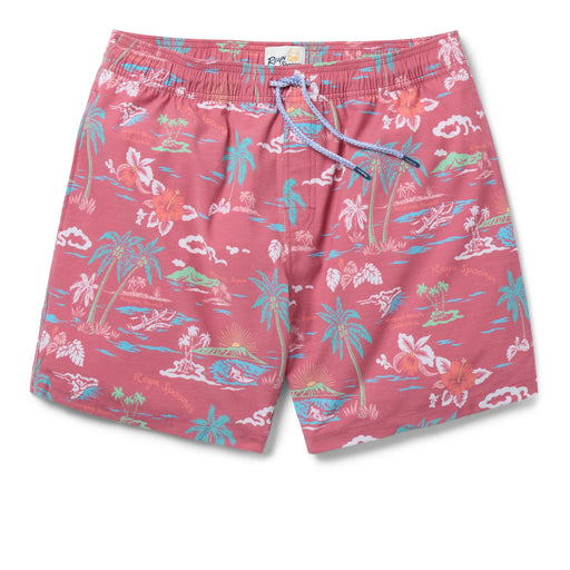 My Private Isle red swim trunks with pull string ties in the front and elastic.