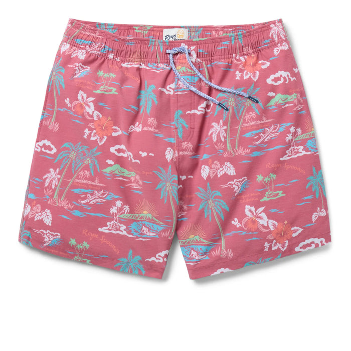 My Private Isle red swim trunks with pull string ties in the front and elastic.