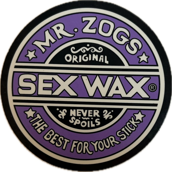 3 inch circular logo of Mr. Zogs Sex Wax with purple and white colors on a black vinyl sticker