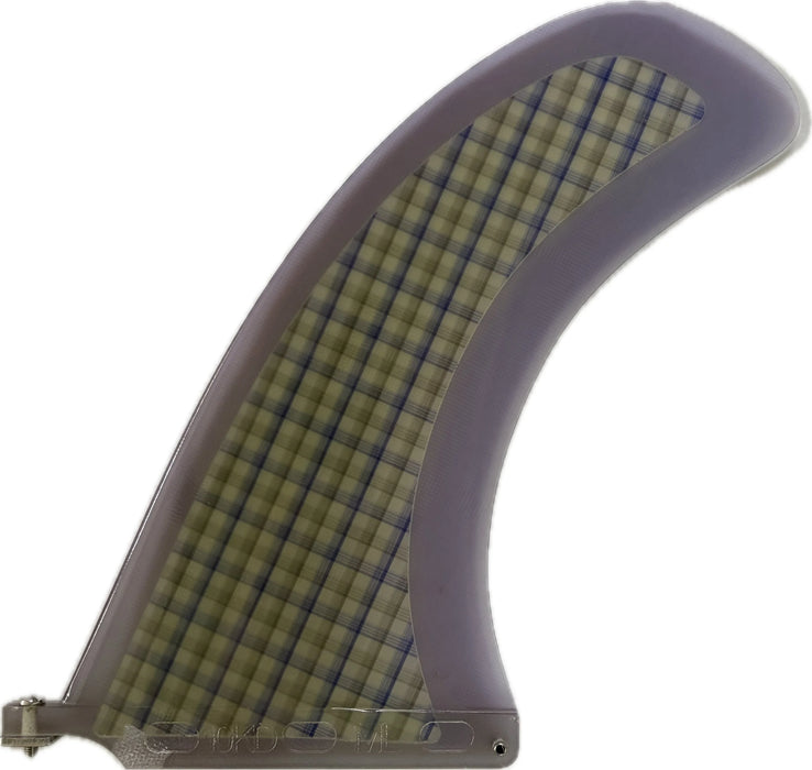 Miss Lucy Fiberglass Longboard Surfboard Fin with green and purple plaid fabric inside purple fiberglass halo.