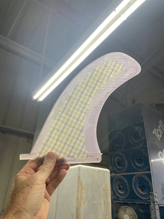 Miss Lucy Fiberglass Longboard Surfboard Fin with green and purple plaid fabric inside purple fiberglass halo with a light behind.