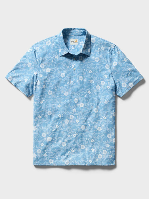 Reyn Spooner Sakura Fields Allure Blue short sleeve light weight Performance Polo front view
