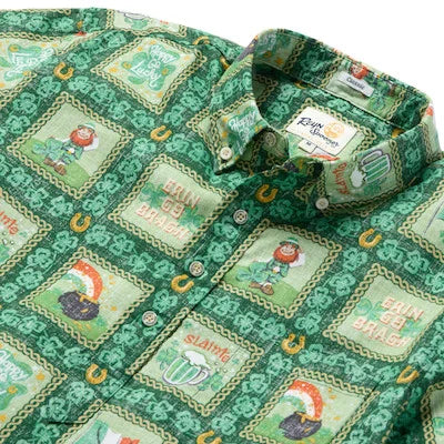Zoom in on St Patrick's Day Pull Over Shirt upright horseshoes Irish Flag green clover leaves red bearded Leprechaun "Erin Go Bragh" and "Slainte" from Reyn Spooner