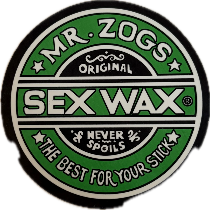 3 inch circular logo of Mr. Zogs Sex Wax with green and white colors on a black vinyl sticker
