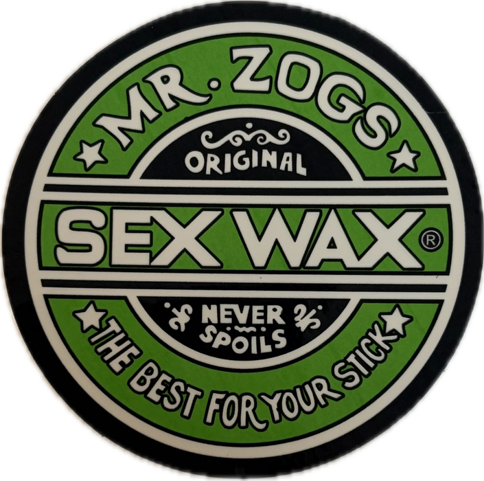 3 inch circular logo of Mr. Zogs Sex Wax with lite green and white colors on a black vinyl sticker