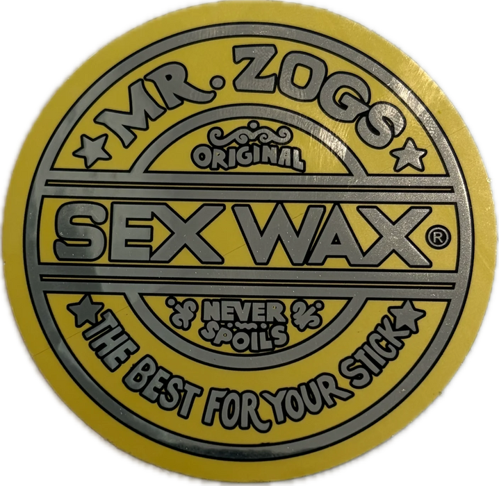 3 inch circular logo of Mr. Zogs Sex Wax in metallic yellow and silver colors on a black vinyl sticker