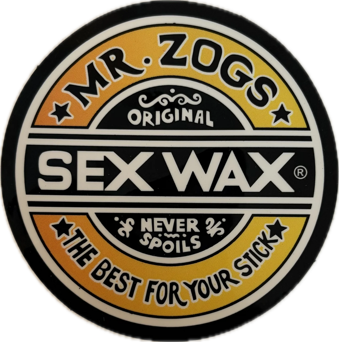 3 inch circular logo of Mr. Zogs Sex Wax in yellowy orange and white colors on a black vinyl sticker