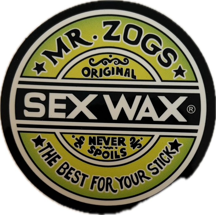 3 inch circular logo of Mr. Zogs Sex Wax in yellowy green and white colors on a black vinyl sticker