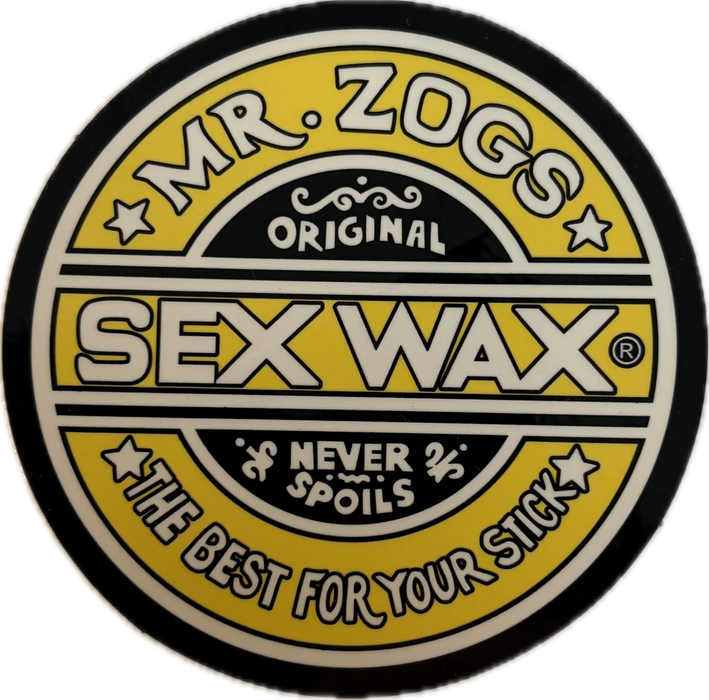3 inch circular logo of Mr. Zogs Sex Wax in yellow and white colors on a black vinyl sticker
