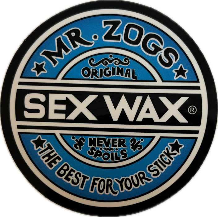 3 inch circular logo of Mr. Zogs Sex Wax with purply blue and white colors on a black vinyl sticker
