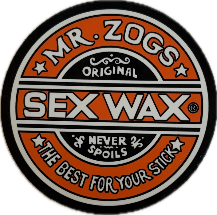 3 inch circular logo of Mr. Zogs Sex Wax in orange and white colors on a black vinyl sticker