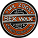 3 inch circular logo of Mr. Zogs Sex Wax in orange and white colors on a black vinyl sticker