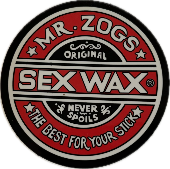 3 inch circular logo of Mr. Zogs Sex Wax with red and white colors on a black vinyl sticker