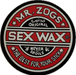 3 inch circular logo of Mr. Zogs Sex Wax with red and white colors on a black vinyl sticker