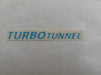 A rectangular clear sticker or decal with the words 'TURBO TUNNEL' in blue lettering boarded in white.