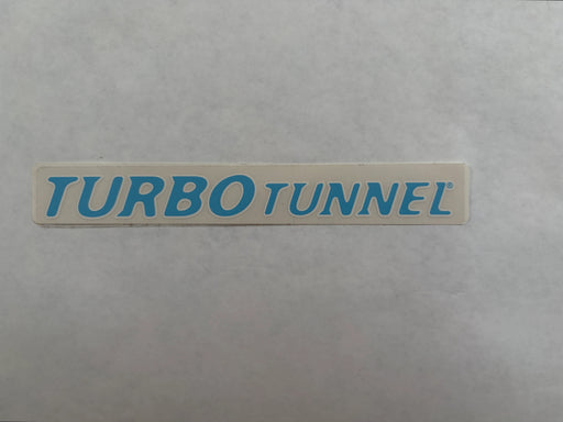 A rectangular clear sticker or decal with the words 'TURBO TUNNEL' in blue lettering boarded in white.