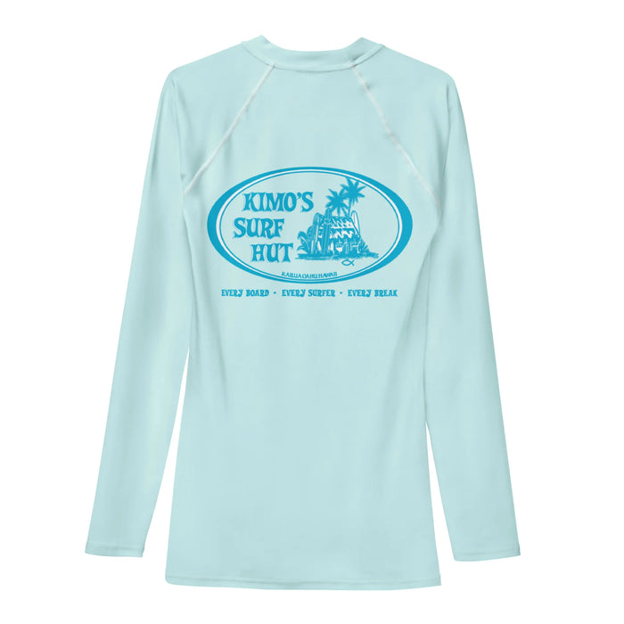 50+ SPF Soft comfy light blue long sleeve rashguard with classic Kimo's Surf Hut oval logo in blue and white back view