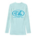 50+ SPF Soft comfy light blue long sleeve rashguard with classic Kimo's Surf Hut oval logo in blue and white back view