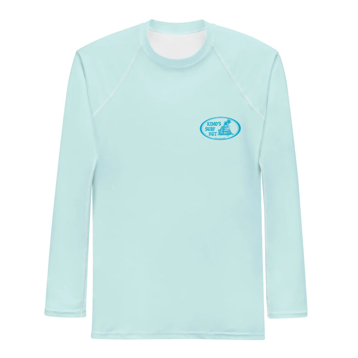 50+ SPF Soft comfy light blue long sleeve rashguard with classic Kimo's Surf Hut oval logo in blue and white front view