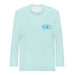 50+ SPF Soft comfy light blue long sleeve rashguard with classic Kimo's Surf Hut oval logo in blue and white front view