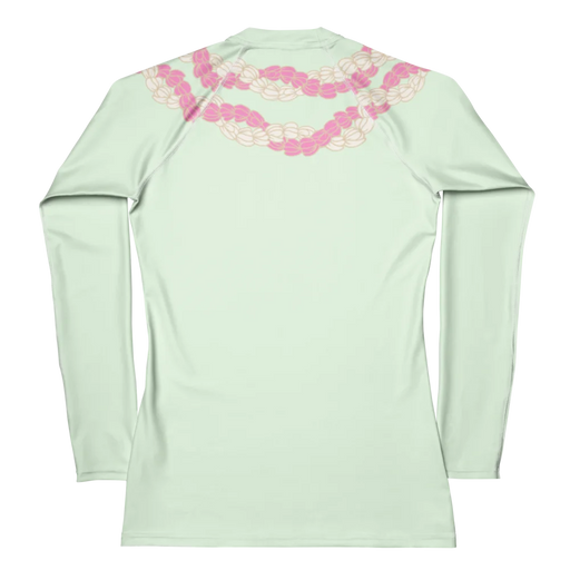 Chic women's honeydew colored long-sleeve rashguard with Hawaii style pink and white flower lei back view