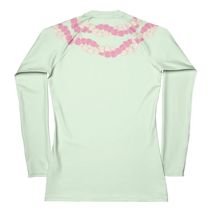 Chic women's honeydew colored long-sleeve rashguard with Hawaii style pink and white flower lei back view
