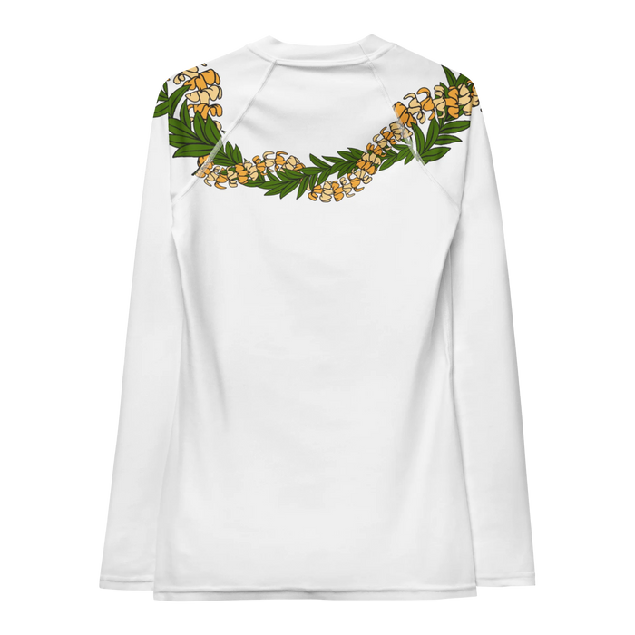 White long-sleeve rashguard with a Hawaii style flower lei back view
