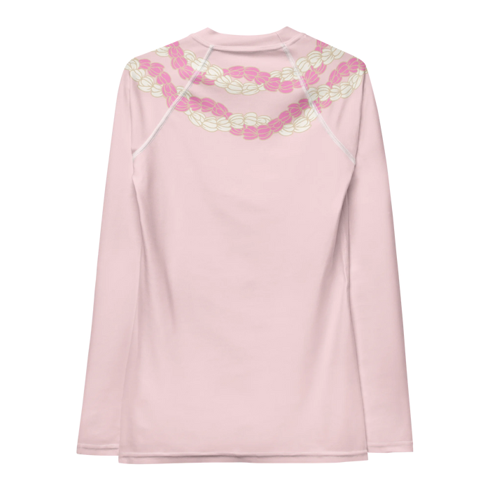Chic Pink long-sleeve rashguard with Hawaii style pink and white flower lei back view