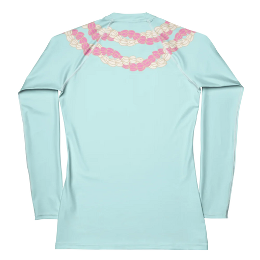 Chic women’s cyan colored long sleeve rashguard with white and pink four strand Hawaii  flower lei back view