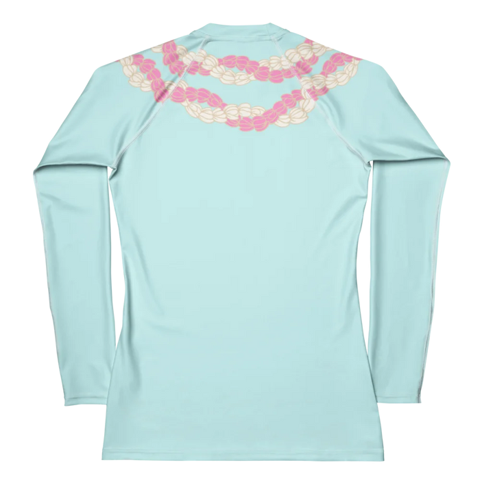 Chic women’s cyan colored long sleeve rashguard with white and pink four strand Hawaii  flower lei back view