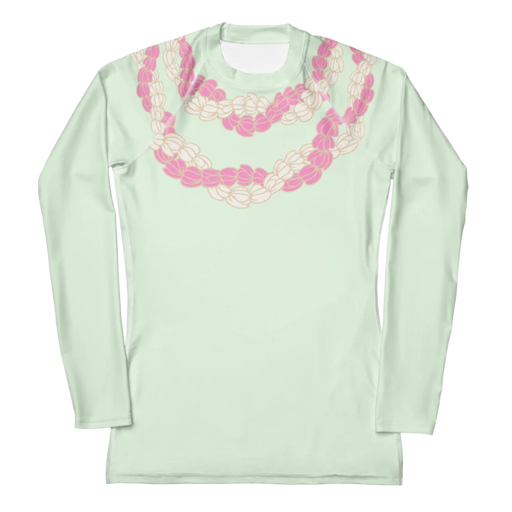 Chic women's honeydew colored long-sleeve rashguard with Hawaii style pink and white flower lei front view