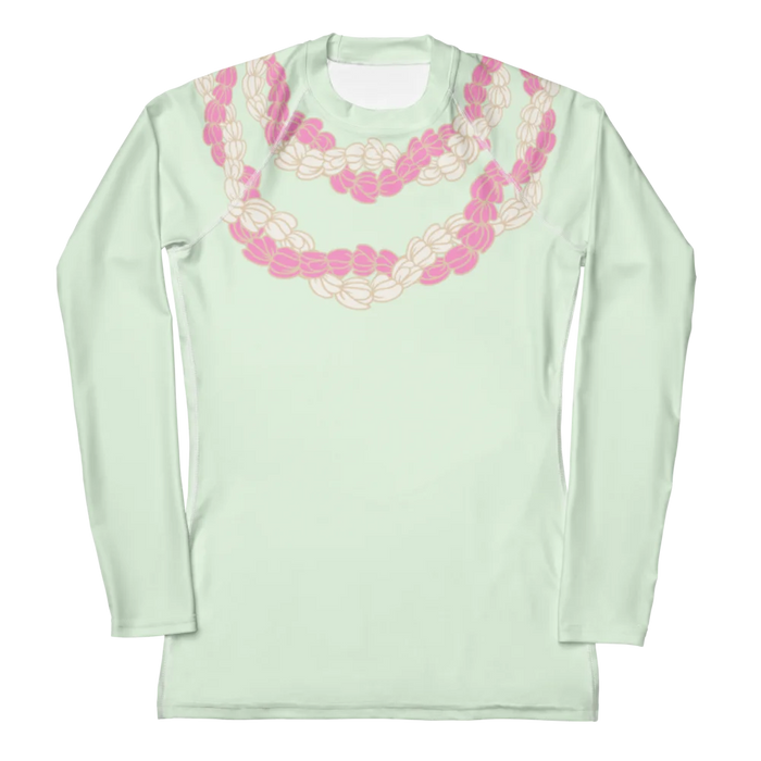 Chic women's honeydew colored long-sleeve rashguard with Hawaii style pink and white flower lei front view
