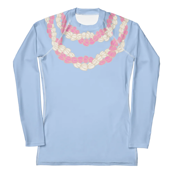 Women’s rashguard with four strands of Hawaii white and pink flower lei front view