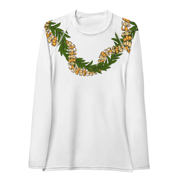 White long-sleeve rashguard with a Hawaii style flower lei front view