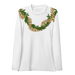 White long-sleeve rashguard with a Hawaii style flower lei front view