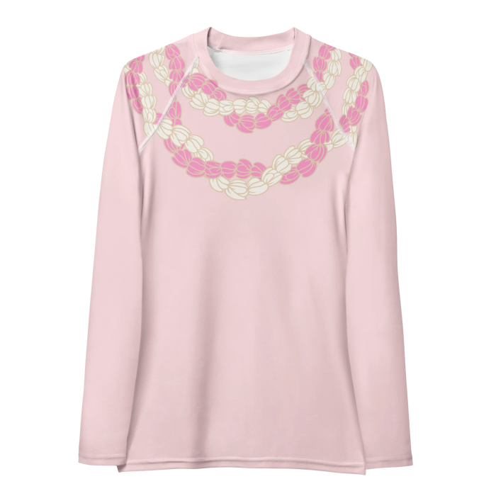 Chic Pink long-sleeve rashguard with Hawaii style pink and white flower lei front view