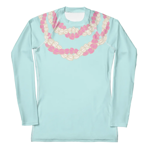 Chic women’s cyan colored long sleeve rashguard with white and pink four strand Hawaii  flower lei front view
