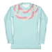 Chic women’s cyan colored long sleeve rashguard with white and pink four strand Hawaii  flower lei front view