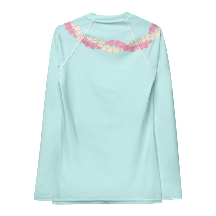 Chic women's light blue long-sleeve rashguard with pink and white Hawaiian Style flower lei back view