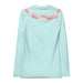 Chic women's light blue long-sleeve rashguard with pink and white Hawaiian Style flower lei back view