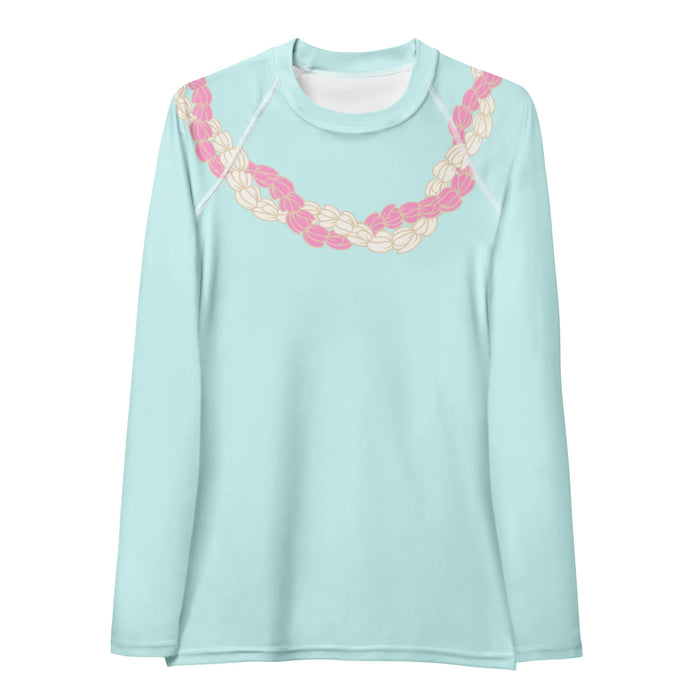 Chic women's light blue long-sleeve rashguard with pink and white Hawaiian Style flower lei front view