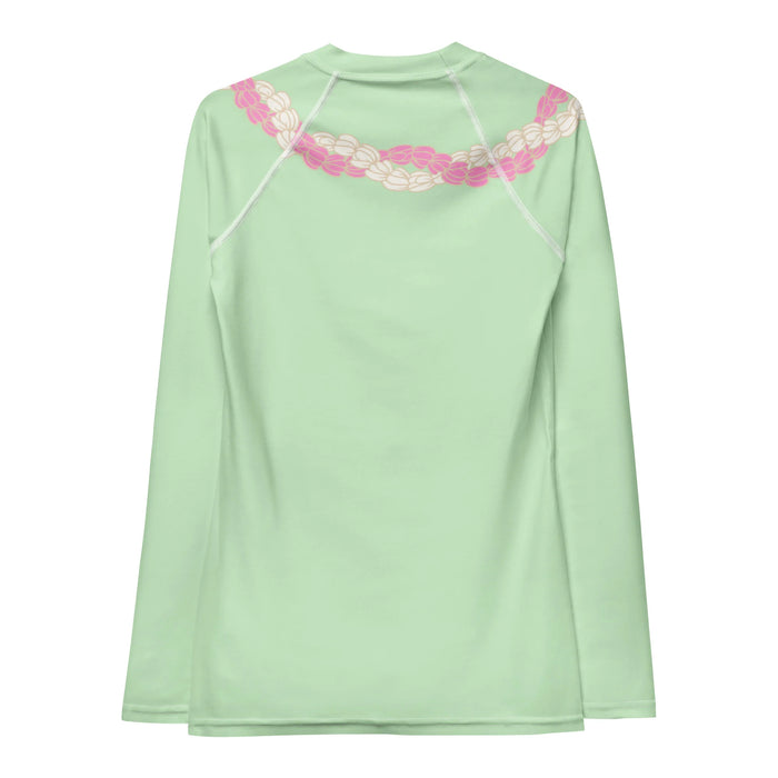 Women's Light green long-sleeve rashguard with chic pink and white Hawaiian Style flower lei back view