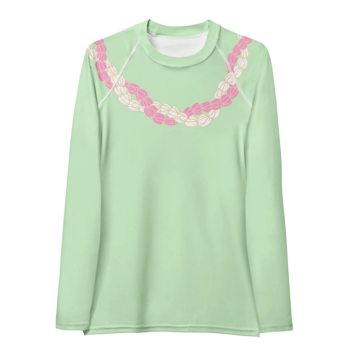 Women's Light green long-sleeve rashguard with chic pink and white Hawaiian Style flower lei front view