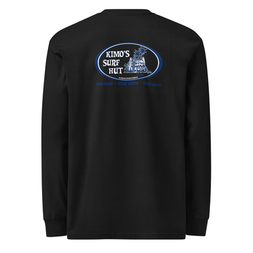 Black long-sleeve crewneck shirt shown from the back, featuring a blue and white graphic print of surfboards, palms and hut with the text 'KIMO'S SURF HUT' inside a double oval.