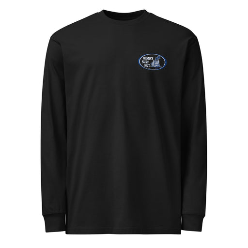 Black long-sleeve crewneck shirt shown from the front, featuring a blue and white graphic print of surfboards, palms and hut with the text 'KIMO'S SURF HUT' inside a double oval on the left chest.