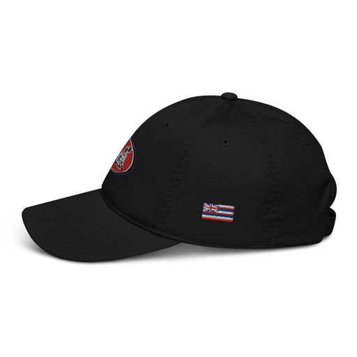 Kimo's Surf Hut's Classic Logo and Hawai'i flag adjustable Dad hat 100% organic cotton Black color side view