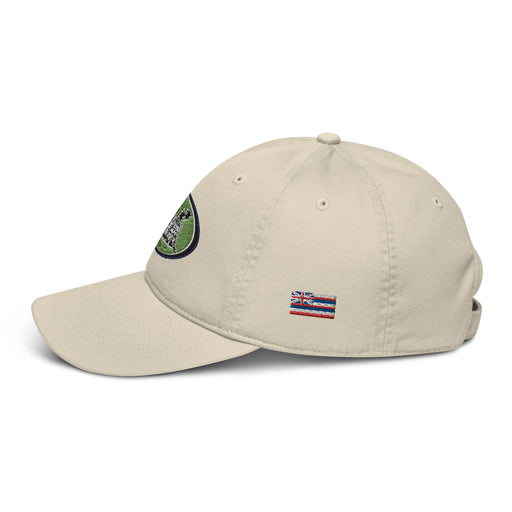 Kimo's Surf Hut's Embroidered Classic Logo with Hawai'i flag adjustable structured Dad hat 100% organic cotton light grey color side view