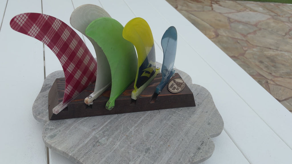 stained Redwood 5 surfboard fin slot display with fins