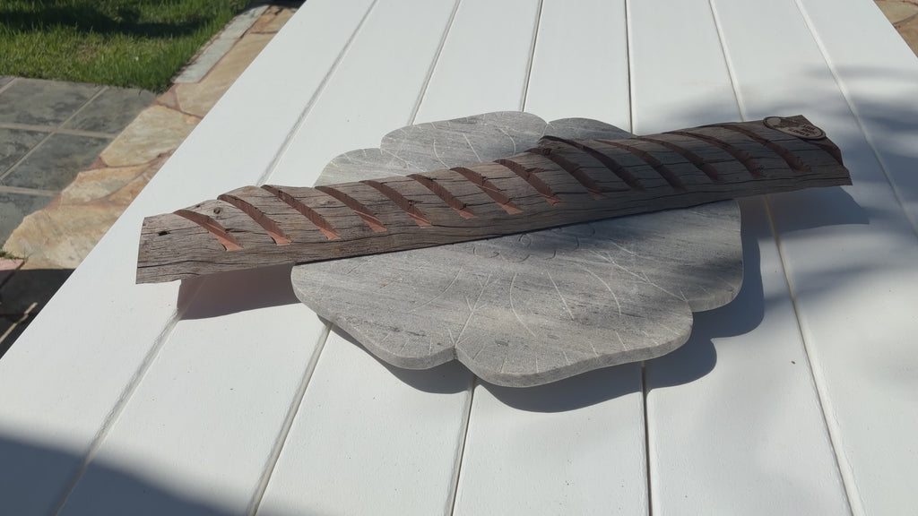 clear coated curved ohia wood 15 surfboard fin slot display without fins