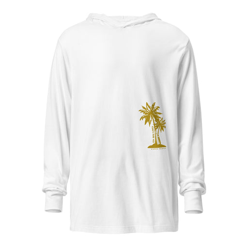 Kimo's Surf Hut's Women's Hooded long-sleeve Tee in White and gold color  Regular fit all cotton may shrink